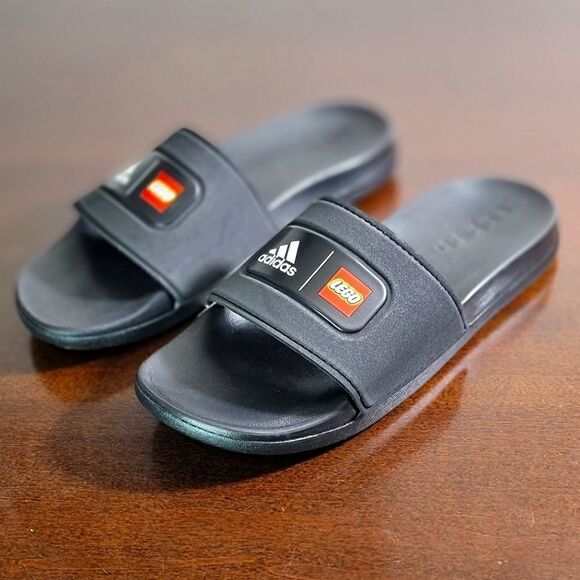 Adidas Lego Adilette Comfort Slide Sandal Black Red Logo Worldwide Ultraboost - Picture 1 of 13